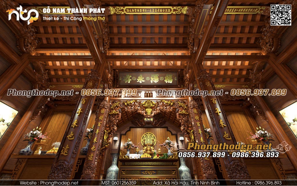 nội thất gian thờ nhà gỗ 3 gian